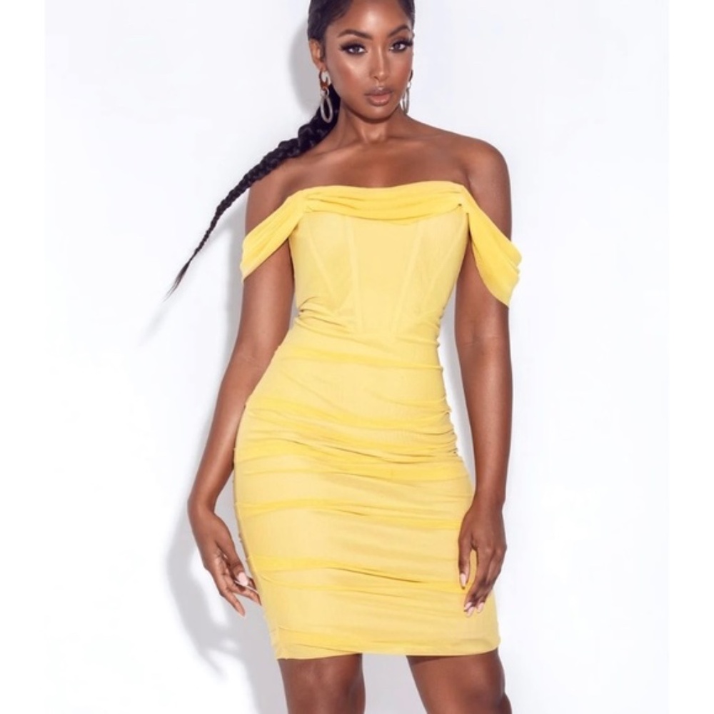 Miss Circle yellow off shoulder mesh dress / Like New! / Small